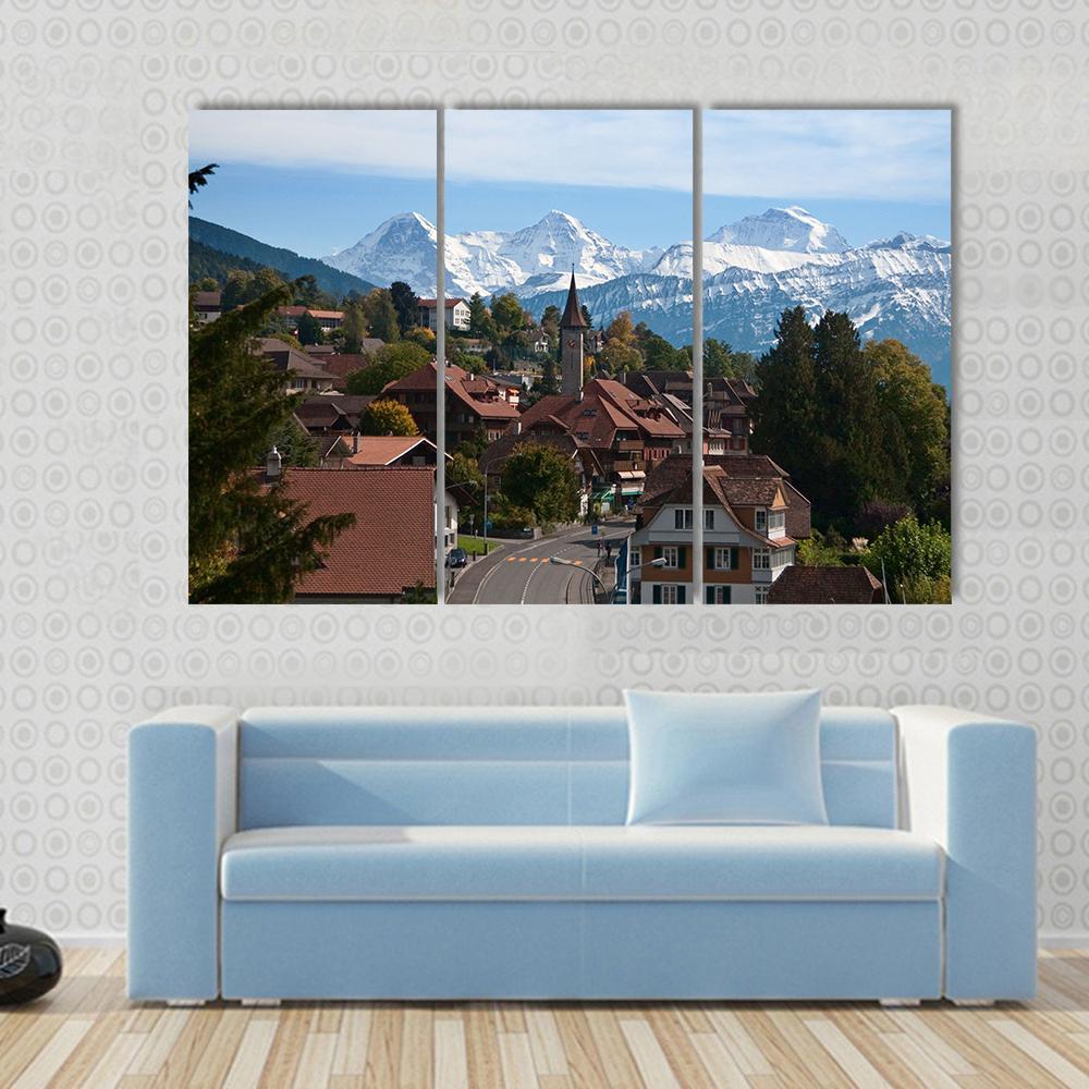 Typical Swiss Village With Snowy Peaks Switzerland Canvas Wall Art-3 Horizontal-Gallery Wrap-37" x 24"-Tiaracle