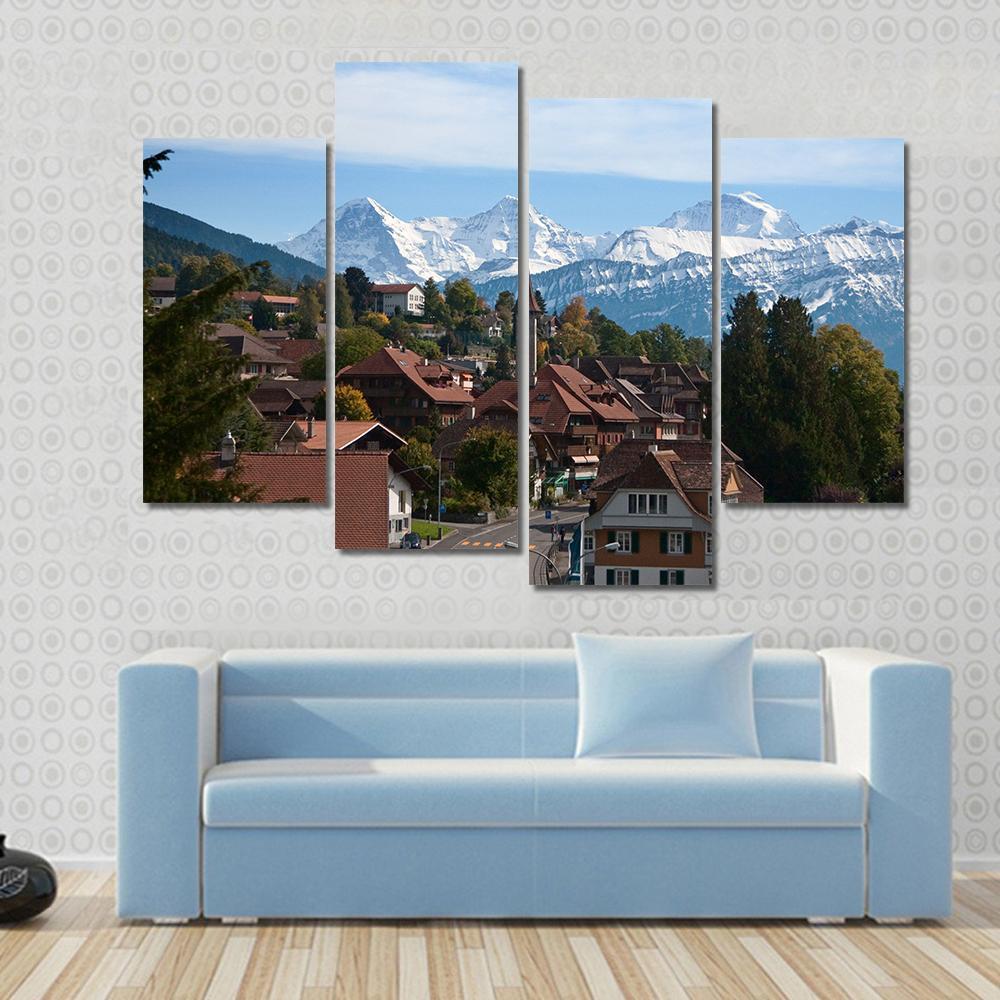 Typical Swiss Village With Snowy Peaks Switzerland Canvas Wall Art-4 Pop-Gallery Wrap-50" x 32"-Tiaracle