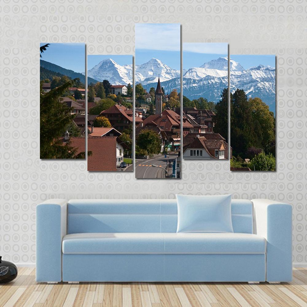 Typical Swiss Village With Snowy Peaks Switzerland Canvas Wall Art-5 Pop-Gallery Wrap-47" x 32"-Tiaracle