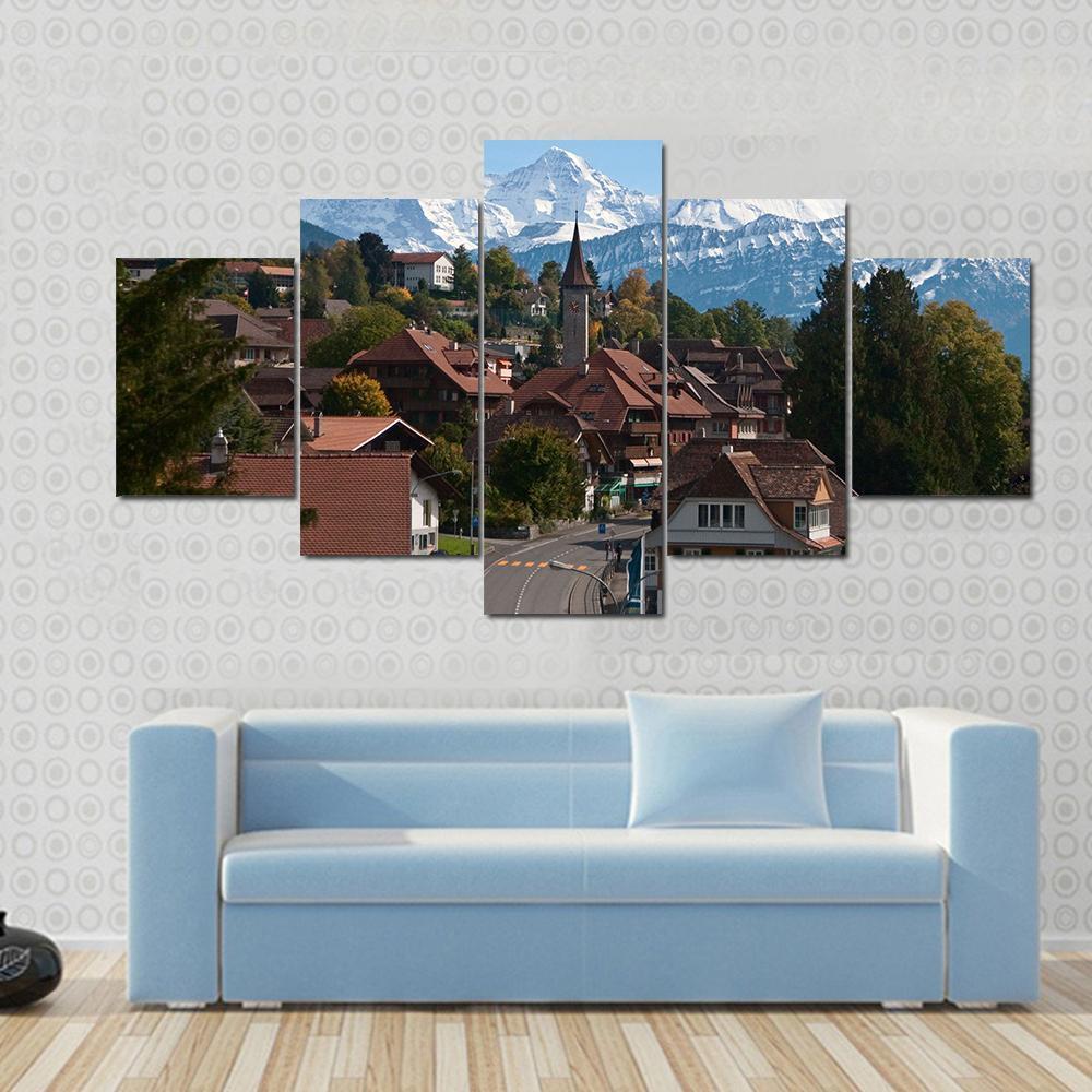 Typical Swiss Village With Snowy Peaks Switzerland Canvas Wall Art-5 Star-Gallery Wrap-62" x 32"-Tiaracle