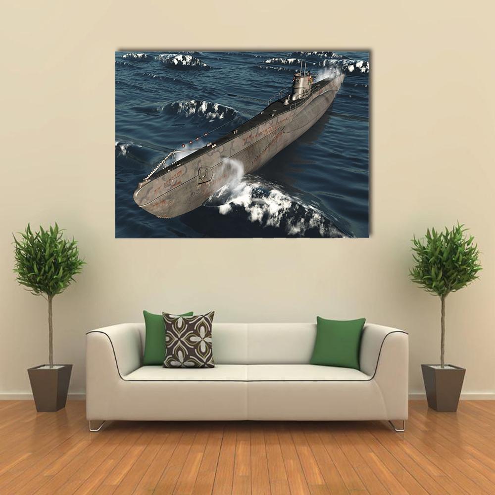 U-99 German Submarine from Wwii Canvas Wall Art in gray and blue, single panel hung on a wall