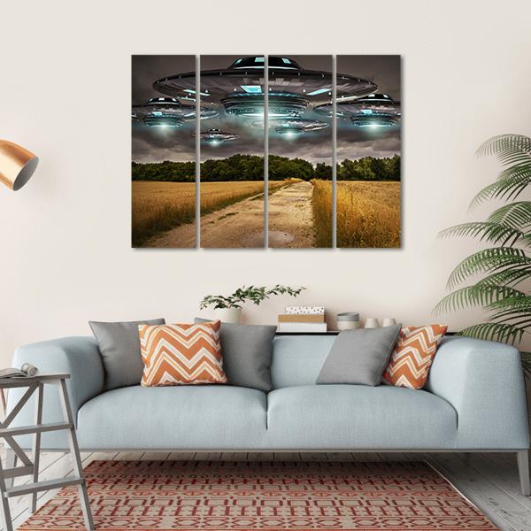 UFO Invasion On Earth Canvas Wall Art-4 Horizontal-Gallery Wrap-34" x 24"-Tiaracle