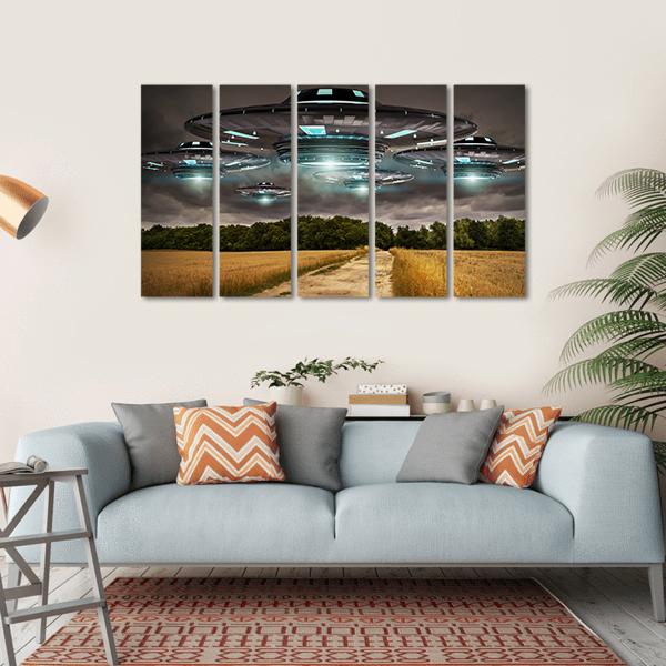 UFO Invasion On Earth Canvas Wall Art-5 Horizontal-Gallery Wrap-22" x 12"-Tiaracle