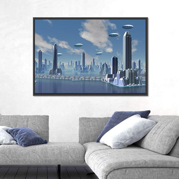 Ufo Over Futuristic Alien City Canvas Wall Art in white, gray and blue, framed canvas, product view on a white background