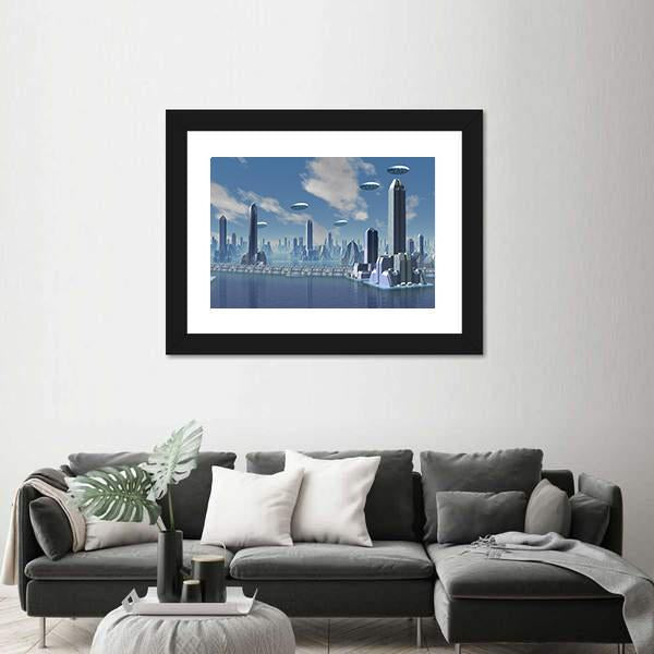 UFO Over Futuristic Alien City Canvas Wall Art-1 Piece-Framed Print-20" x 16"-Tiaracle