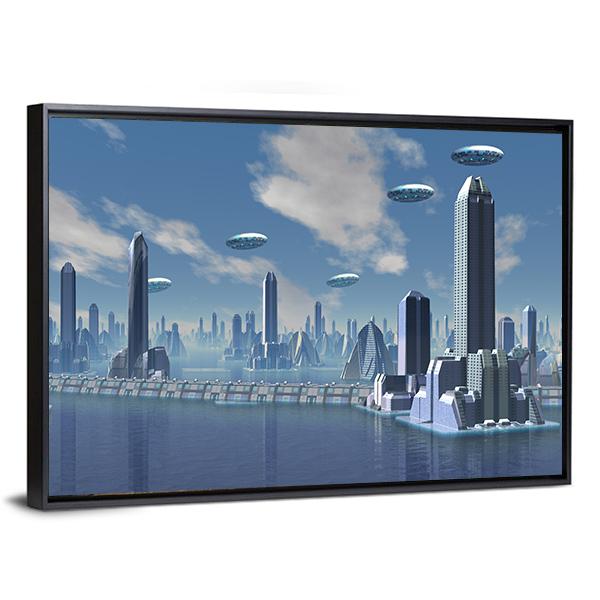 UFO Over Futuristic Alien City Canvas Wall Art-3 Horizontal-Gallery Wrap-25" x 16"-Tiaracle