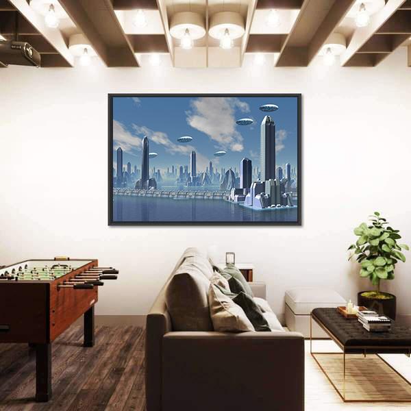 UFO Over Futuristic Alien City Canvas Wall Art-3 Horizontal-Gallery Wrap-25" x 16"-Tiaracle