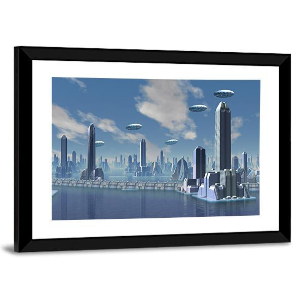 UFO Over Futuristic Alien City Canvas Wall Art-3 Horizontal-Gallery Wrap-25" x 16"-Tiaracle