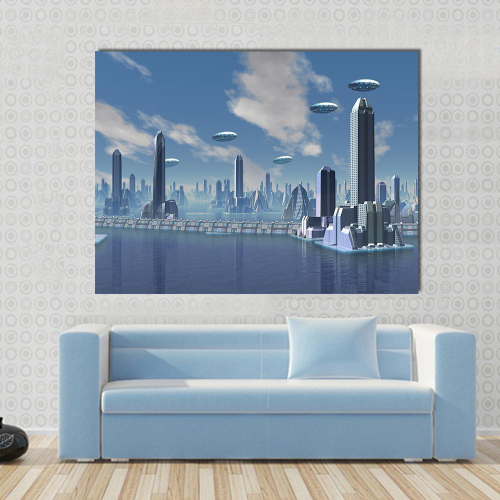 UFO Over Futuristic Alien City Canvas Wall Art-5 Pop-Gallery Wrap-47" x 32"-Tiaracle