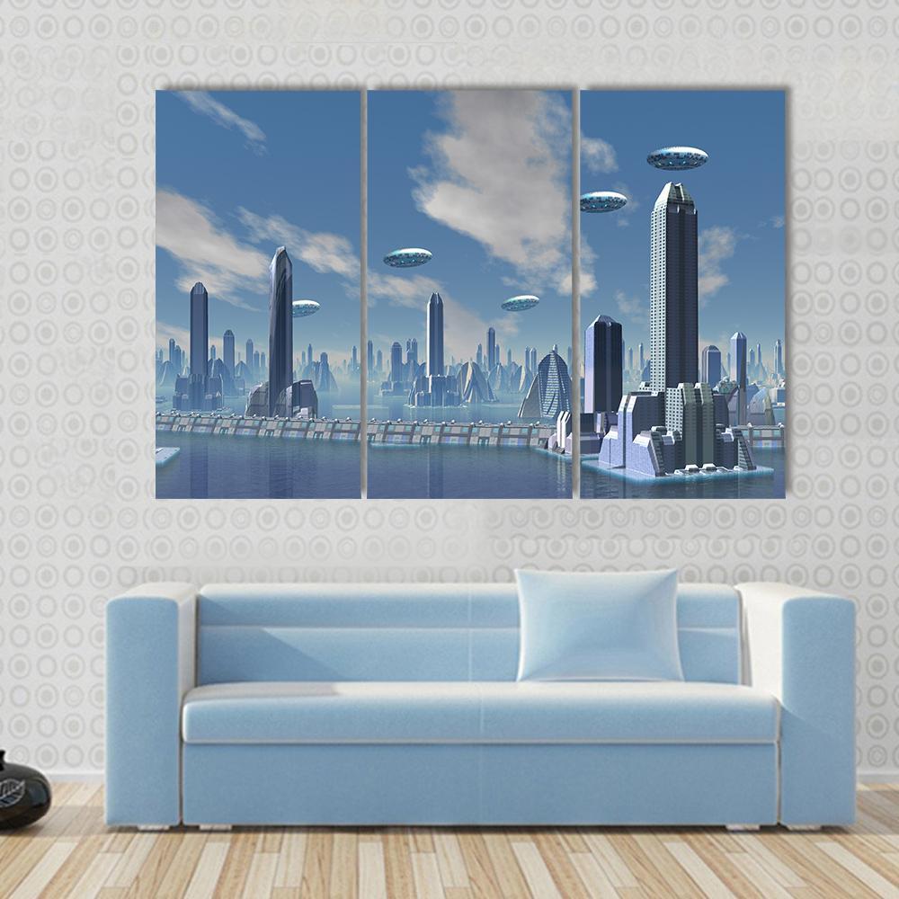 UFO Over Futuristic Alien City Canvas Wall Art-3 Horizontal-Gallery Wrap-37" x 24"-Tiaracle