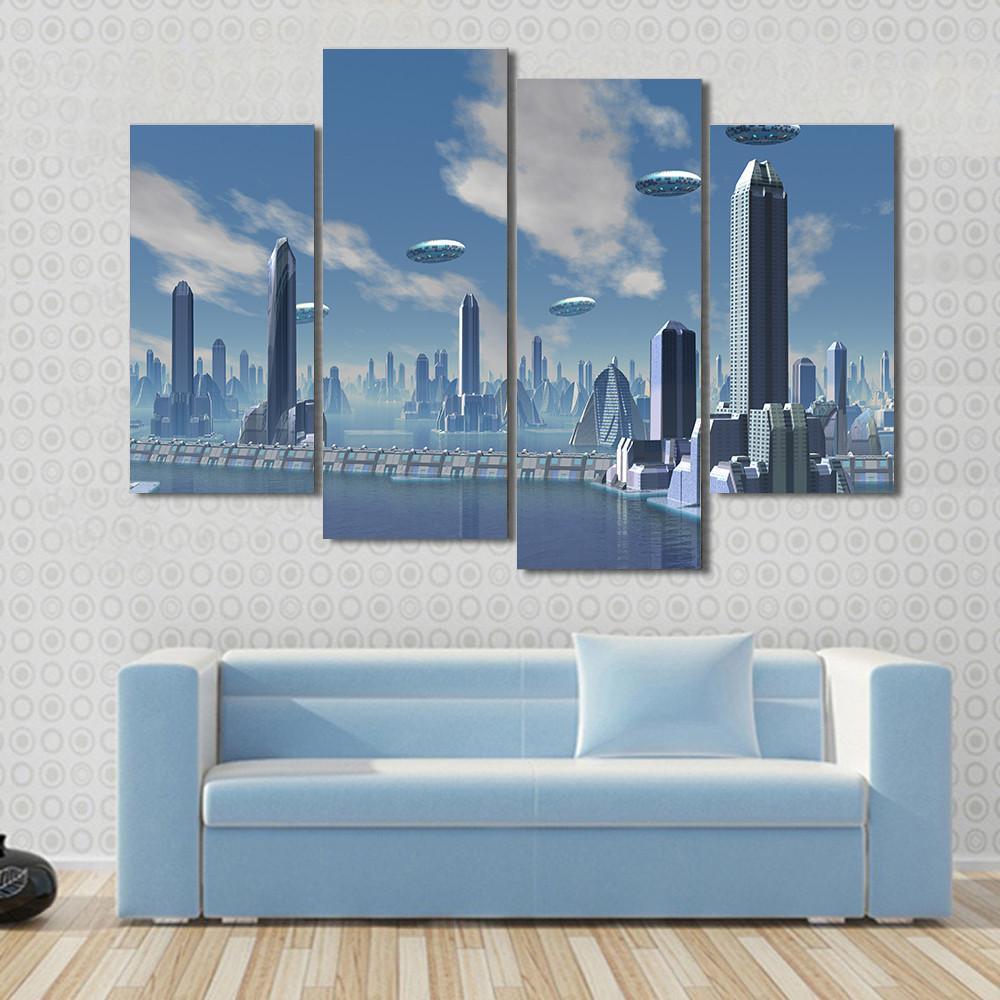 UFO Over Futuristic Alien City Canvas Wall Art-4 Pop-Gallery Wrap-50" x 32"-Tiaracle