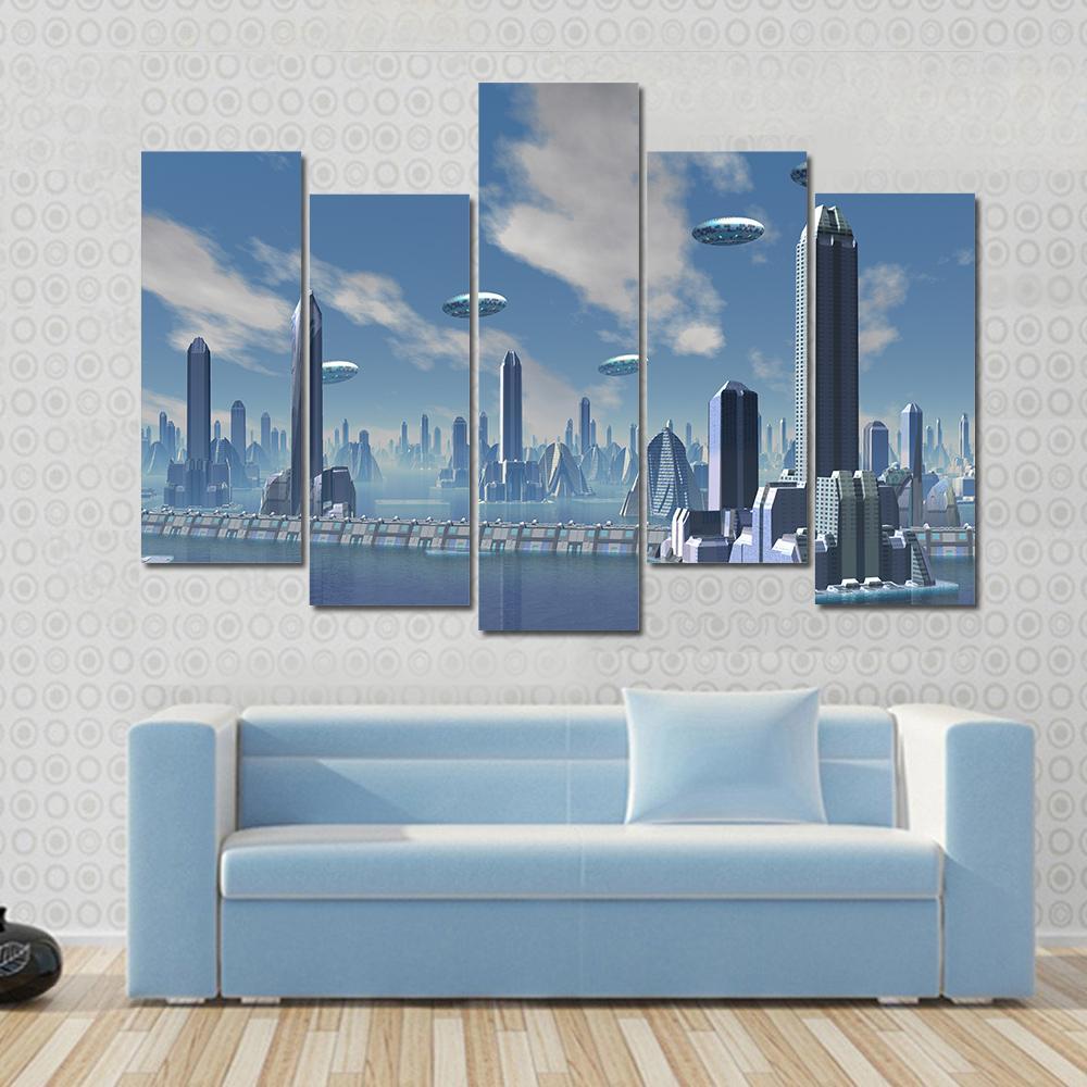 UFO Over Futuristic Alien City Canvas Wall Art-5 Pop-Gallery Wrap-47" x 32"-Tiaracle