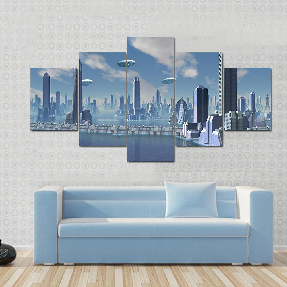 UFO Over Futuristic Alien City Canvas Wall Art-5 Star-Gallery Wrap-62" x 32"-Tiaracle