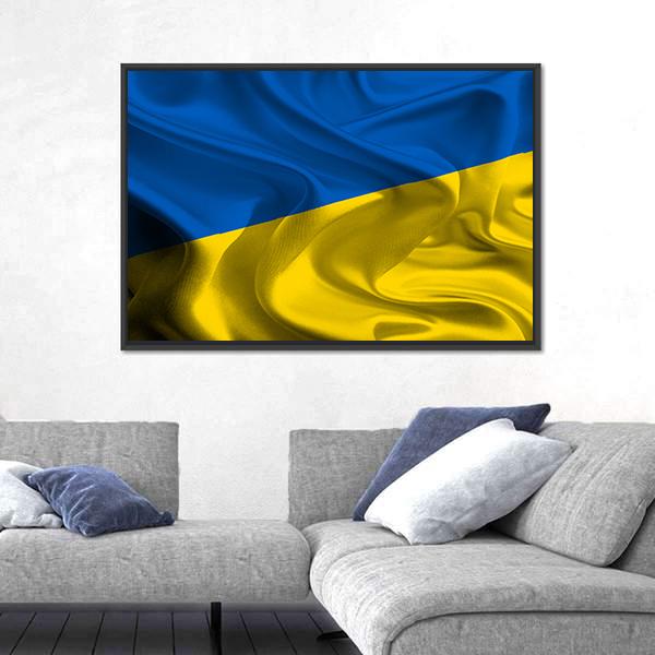Waving Ukraine Flag Canvas Wall Art in yellow and blue, framed canvas, product view on a white background
