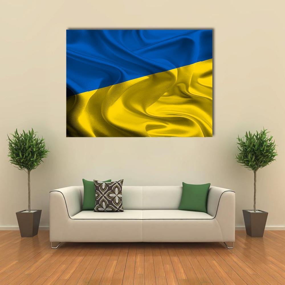 Waving Ukraine Flag Canvas Wall Art in yellow and blue, single panel hung on a wall
