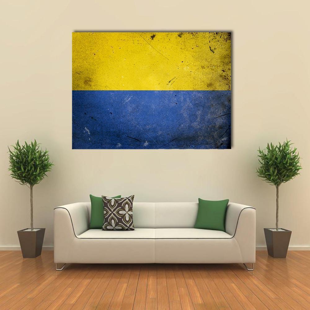 Ukrainian Flag on Vintage Grunge Texture Canvas Wall Art in yellow and blue, single panel hung on a wall