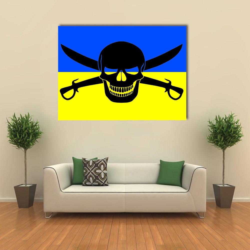 Ukrainian Flag with Black Jolly Roger Canvas Wall Art in black, yellow and blue, single panel hung on a wall