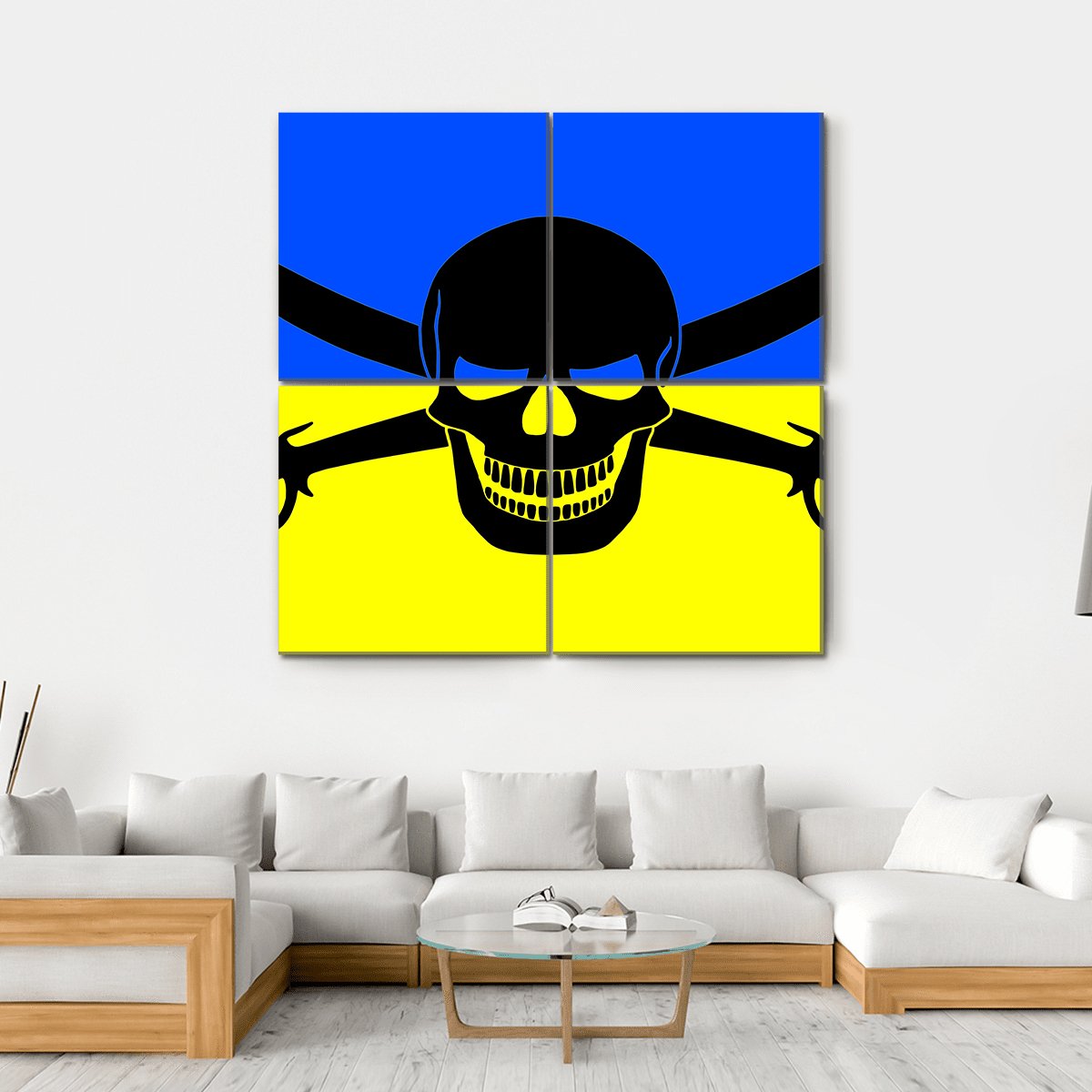 Ukrainian Flag With Black Pirate Jolly Roger Canvas Wall Art-4 Square-Gallery Wrap-17" x 17"-Tiaracle