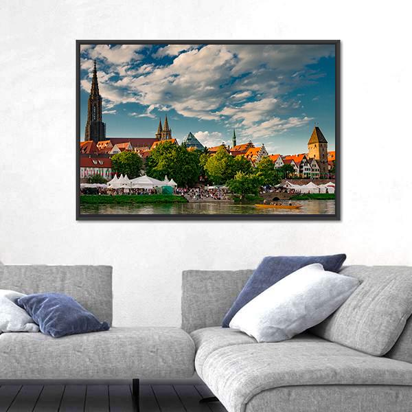 Ulm at the Danube Canvas Wall Art in brown, orange and blue, framed canvas, product view on a white background