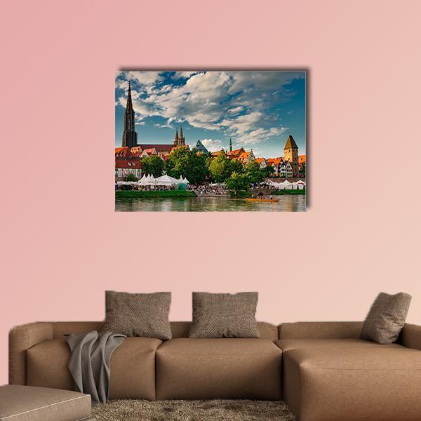 Ulm at the Danube Canvas Wall Art in brown, orange and blue, single panel hung on a wall