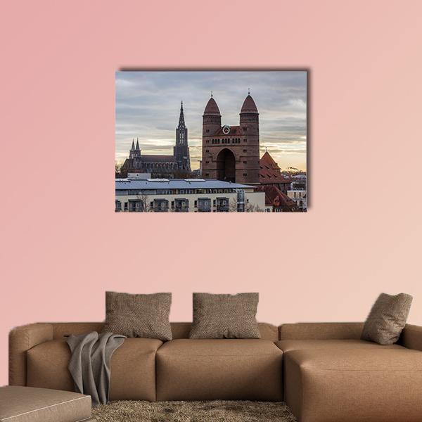 Ulm Minster and Church of the Garrison Canvas Wall Art in gray, brown and blue, single panel hung on a wall