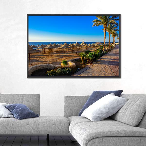 Umbrellas On Sandy Beach Canvas Wall Art-1 Piece-Floating Frame-24" x 16"-Tiaracle