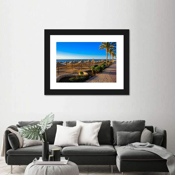Umbrellas On Sandy Beach Canvas Wall Art-1 Piece-Framed Print-20" x 16"-Tiaracle