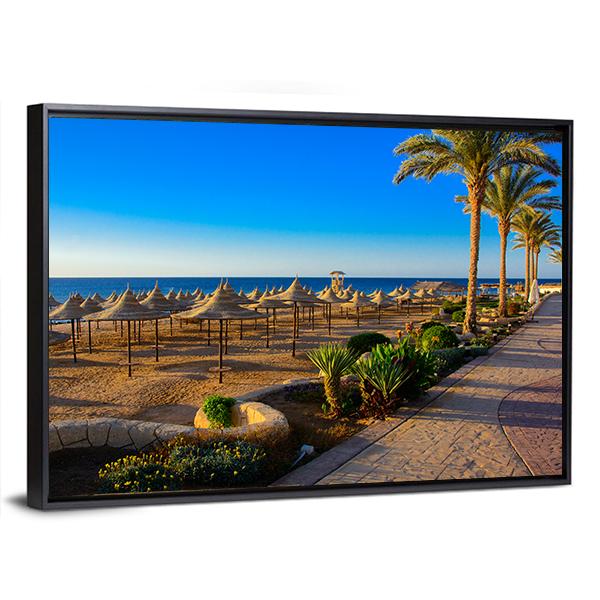 Umbrellas On Sandy Beach Canvas Wall Art-3 Horizontal-Gallery Wrap-25" x 16"-Tiaracle