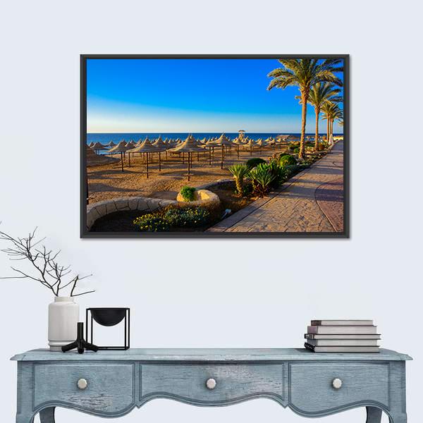 Umbrellas On Sandy Beach Canvas Wall Art-3 Horizontal-Gallery Wrap-25" x 16"-Tiaracle