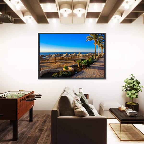 Umbrellas On Sandy Beach Canvas Wall Art-3 Horizontal-Gallery Wrap-25" x 16"-Tiaracle