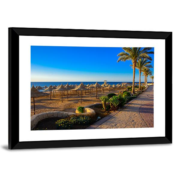 Umbrellas On Sandy Beach Canvas Wall Art-3 Horizontal-Gallery Wrap-25" x 16"-Tiaracle
