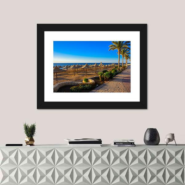 Umbrellas On Sandy Beach Canvas Wall Art-3 Horizontal-Gallery Wrap-25" x 16"-Tiaracle