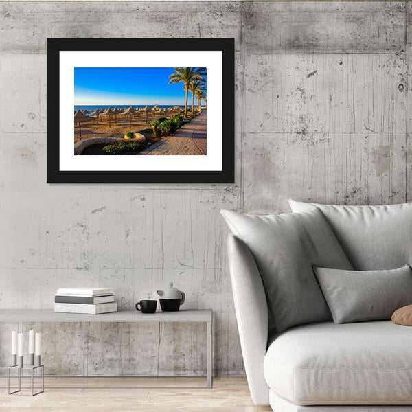 Umbrellas On Sandy Beach Canvas Wall Art-3 Horizontal-Gallery Wrap-25" x 16"-Tiaracle