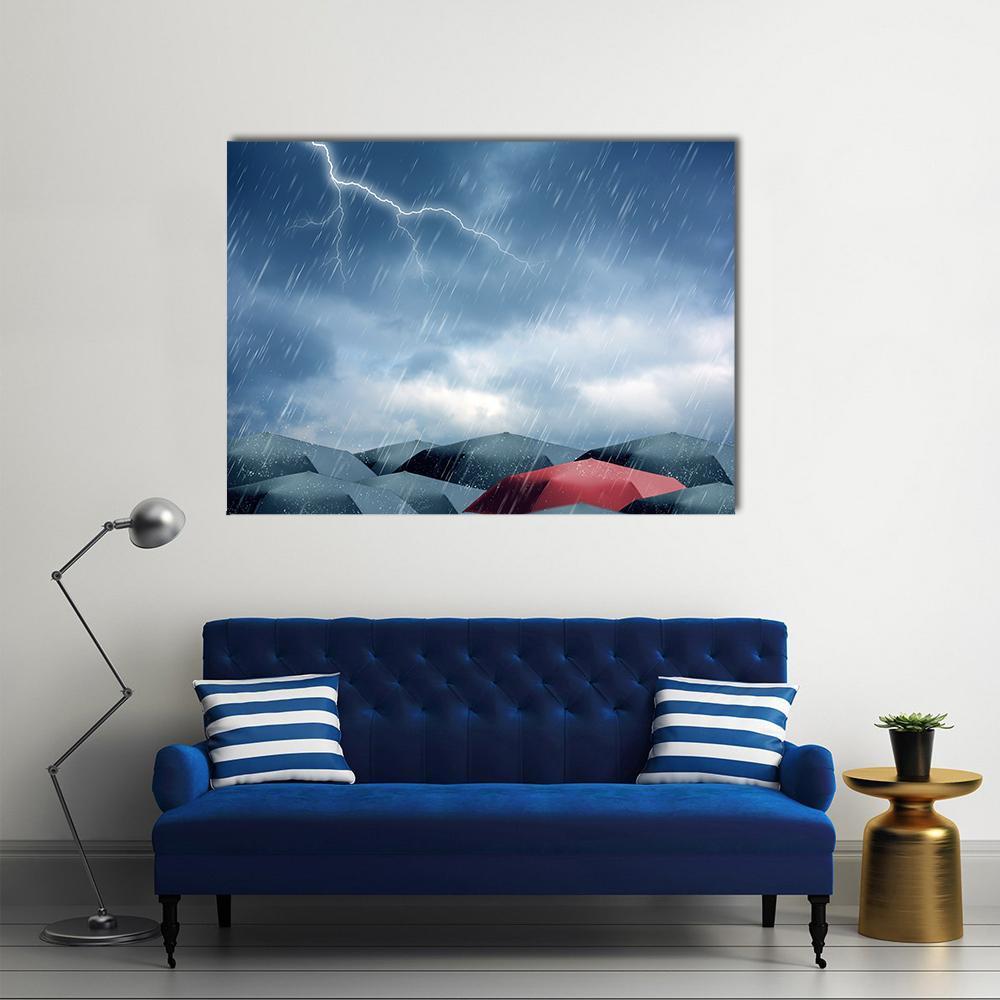 Red Umbrella in Storm Canvas Wall Art in gray, red and blue, single panel hung on a wall