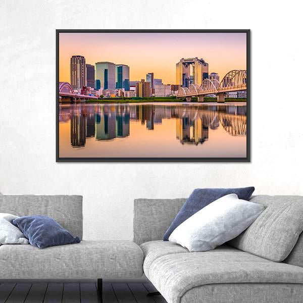 Umeda District Cityscape Panorama On Yodogawa River Canvas Wall Art-1 Piece-Floating Frame-24" x 16"-Tiaracle