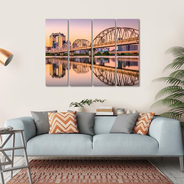 Umeda District Cityscape Panorama On Yodogawa River Canvas Wall Art-4 Horizontal-Gallery Wrap-34" x 24"-Tiaracle