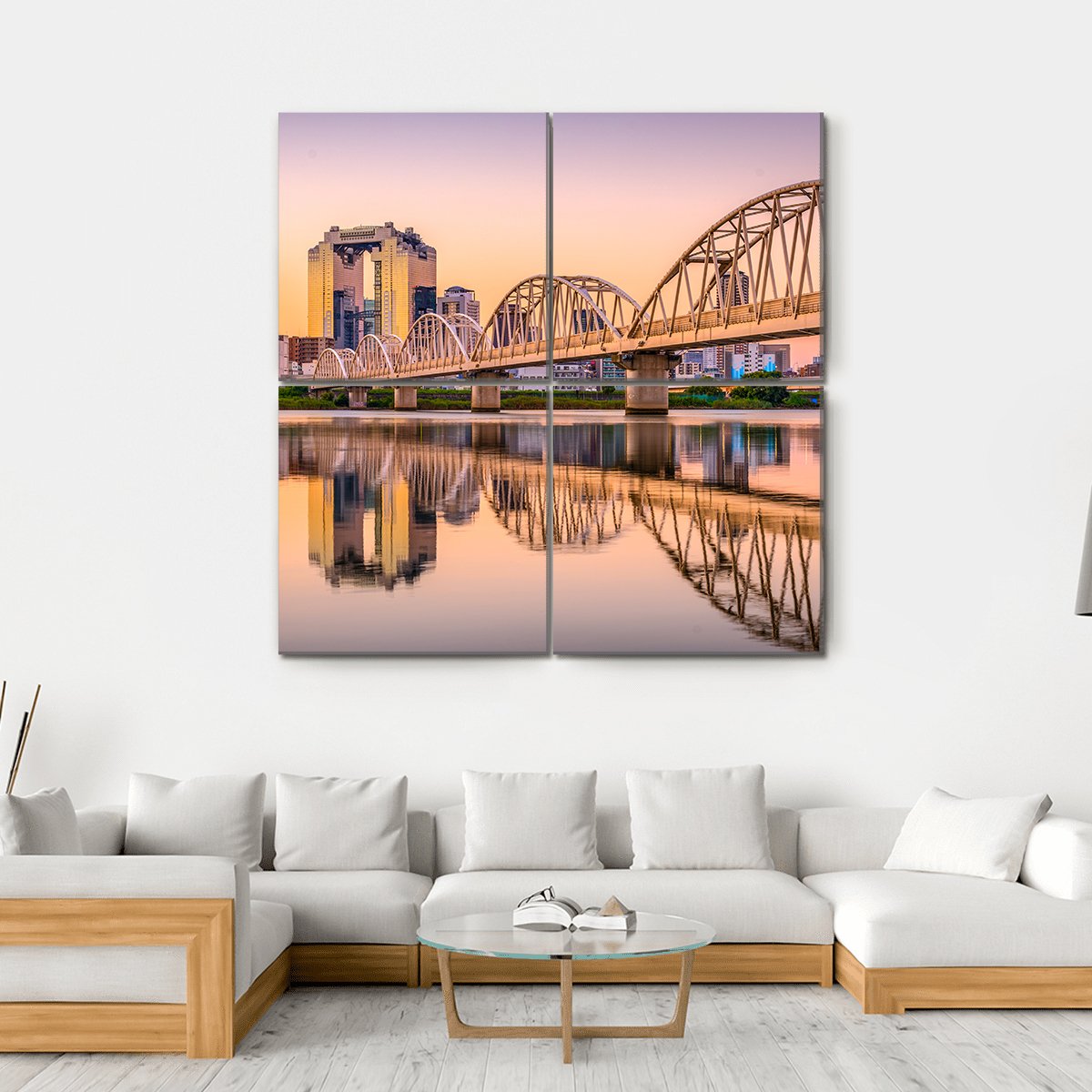 Umeda District Cityscape Panorama On Yodogawa River Canvas Wall Art-4 Square-Gallery Wrap-17" x 17"-Tiaracle