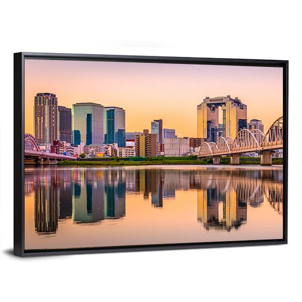 Umeda District Cityscape Panorama On Yodogawa River Canvas Wall Art-3 Horizontal-Gallery Wrap-25" x 16"-Tiaracle