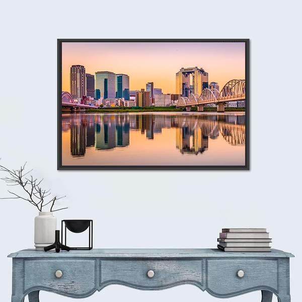 Umeda District Cityscape Panorama On Yodogawa River Canvas Wall Art-3 Horizontal-Gallery Wrap-25" x 16"-Tiaracle