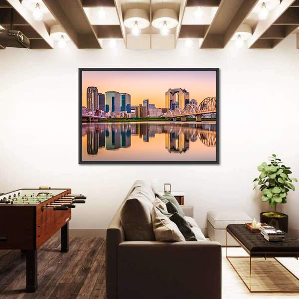 Umeda District Cityscape Panorama On Yodogawa River Canvas Wall Art-3 Horizontal-Gallery Wrap-25" x 16"-Tiaracle