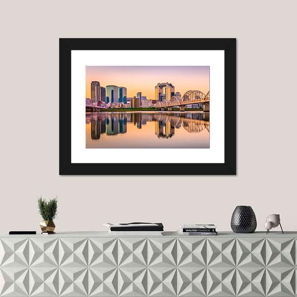 Umeda District Cityscape Panorama On Yodogawa River Canvas Wall Art-3 Horizontal-Gallery Wrap-25" x 16"-Tiaracle