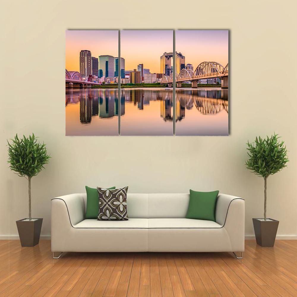 Umeda District Cityscape Panorama On Yodogawa River Canvas Wall Art-5 Pop-Gallery Wrap-47" x 32"-Tiaracle