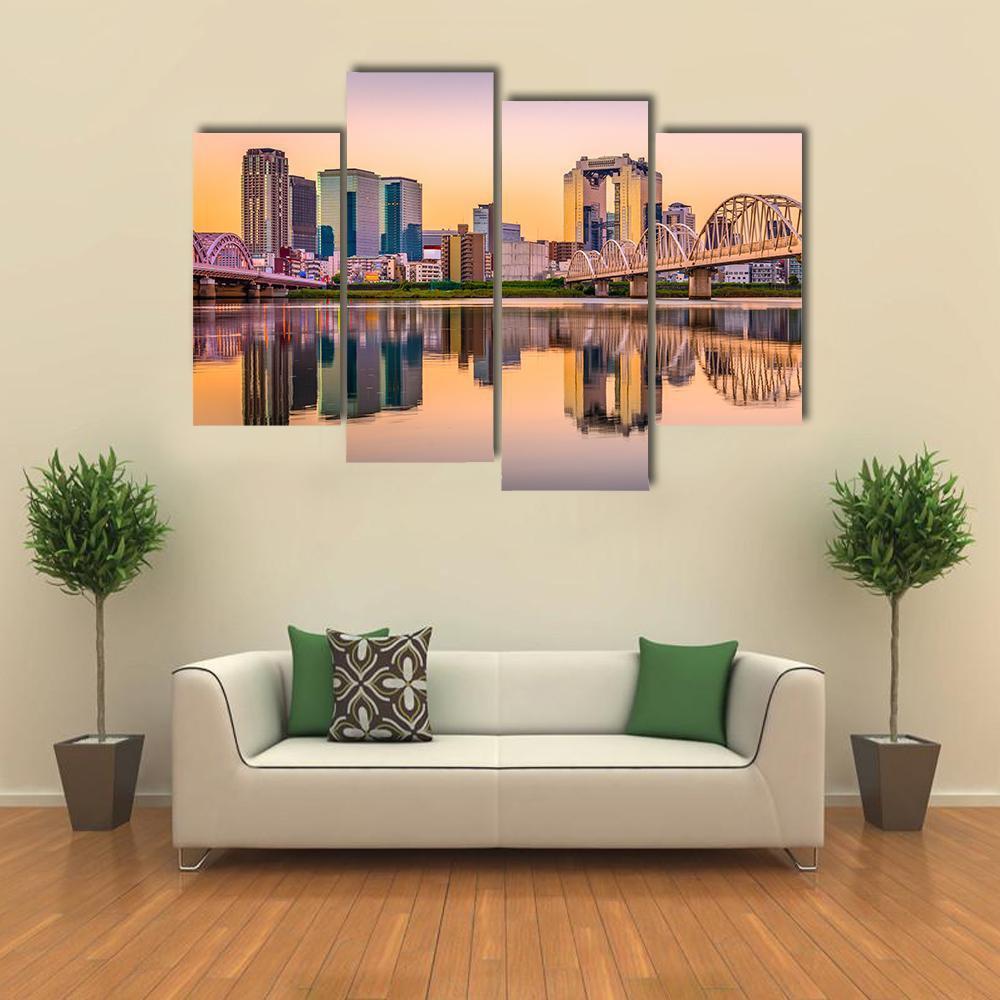 Umeda District Cityscape Panorama On Yodogawa River Canvas Wall Art-4 Pop-Gallery Wrap-50" x 32"-Tiaracle