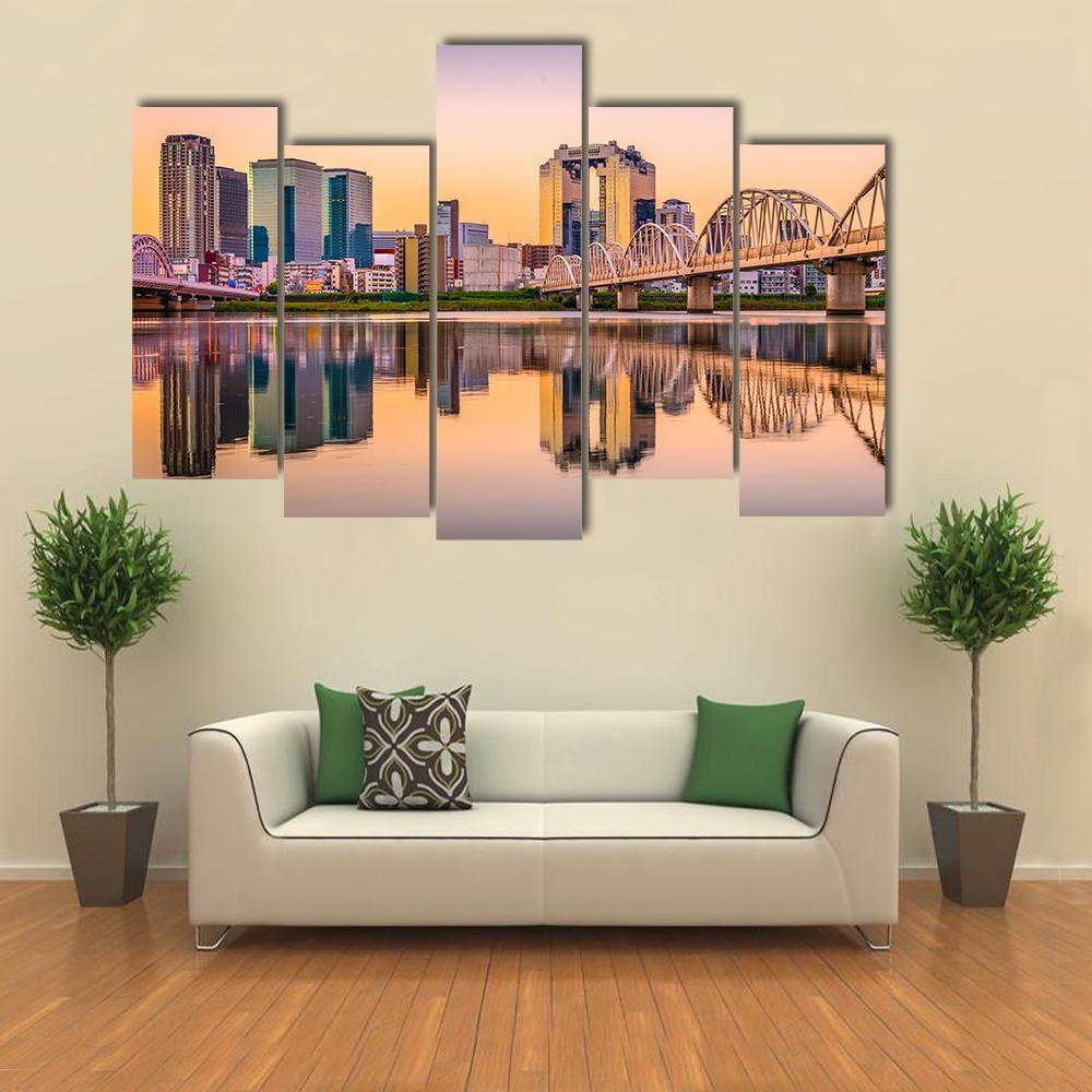 Umeda District Cityscape Panorama On Yodogawa River Canvas Wall Art-5 Pop-Gallery Wrap-47" x 32"-Tiaracle