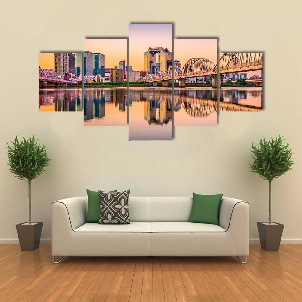 Umeda District Cityscape Panorama On Yodogawa River Canvas Wall Art-5 Star-Gallery Wrap-62" x 32"-Tiaracle