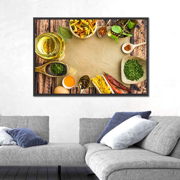 Uncooked Pasta And Spices On A Dark Canvas Wall Art-1 Piece-Floating Frame-24&quot; x 16&quot;-Tiaracle