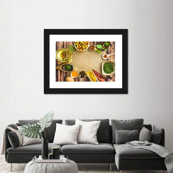 Uncooked Pasta And Spices On A Dark Canvas Wall Art-1 Piece-Framed Print-20&quot; x 16&quot;-Tiaracle