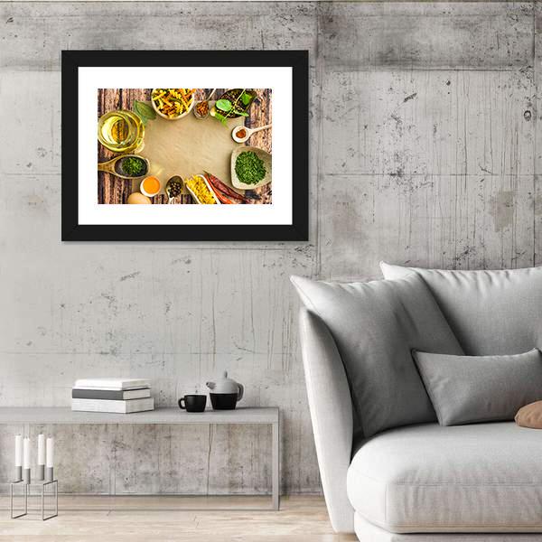 Uncooked Pasta And Spices On A Dark Canvas Wall Art-3 Horizontal-Gallery Wrap-25&quot; x 16&quot;-Tiaracle
