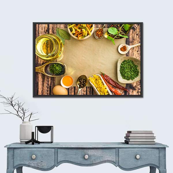 Uncooked Pasta And Spices On A Dark Canvas Wall Art-3 Horizontal-Gallery Wrap-25&quot; x 16&quot;-Tiaracle