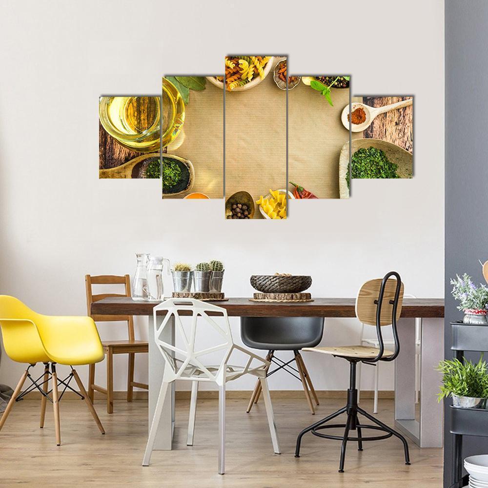 Uncooked Pasta And Spices On A Dark Canvas Wall Art-5 Star-Gallery Wrap-62&quot; x 32&quot;-Tiaracle